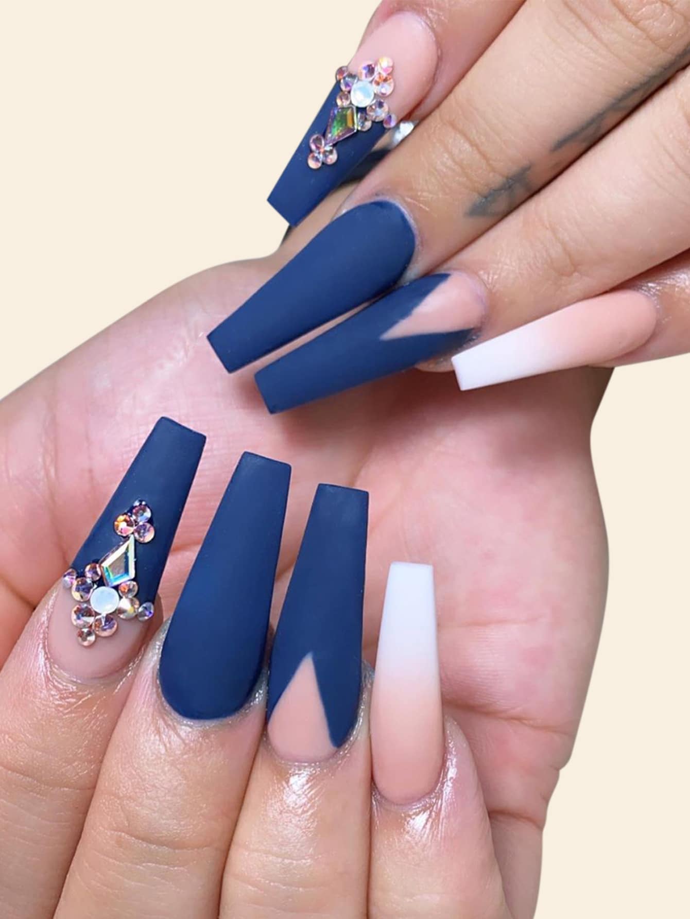 Navy Rhinestone Press On Nails