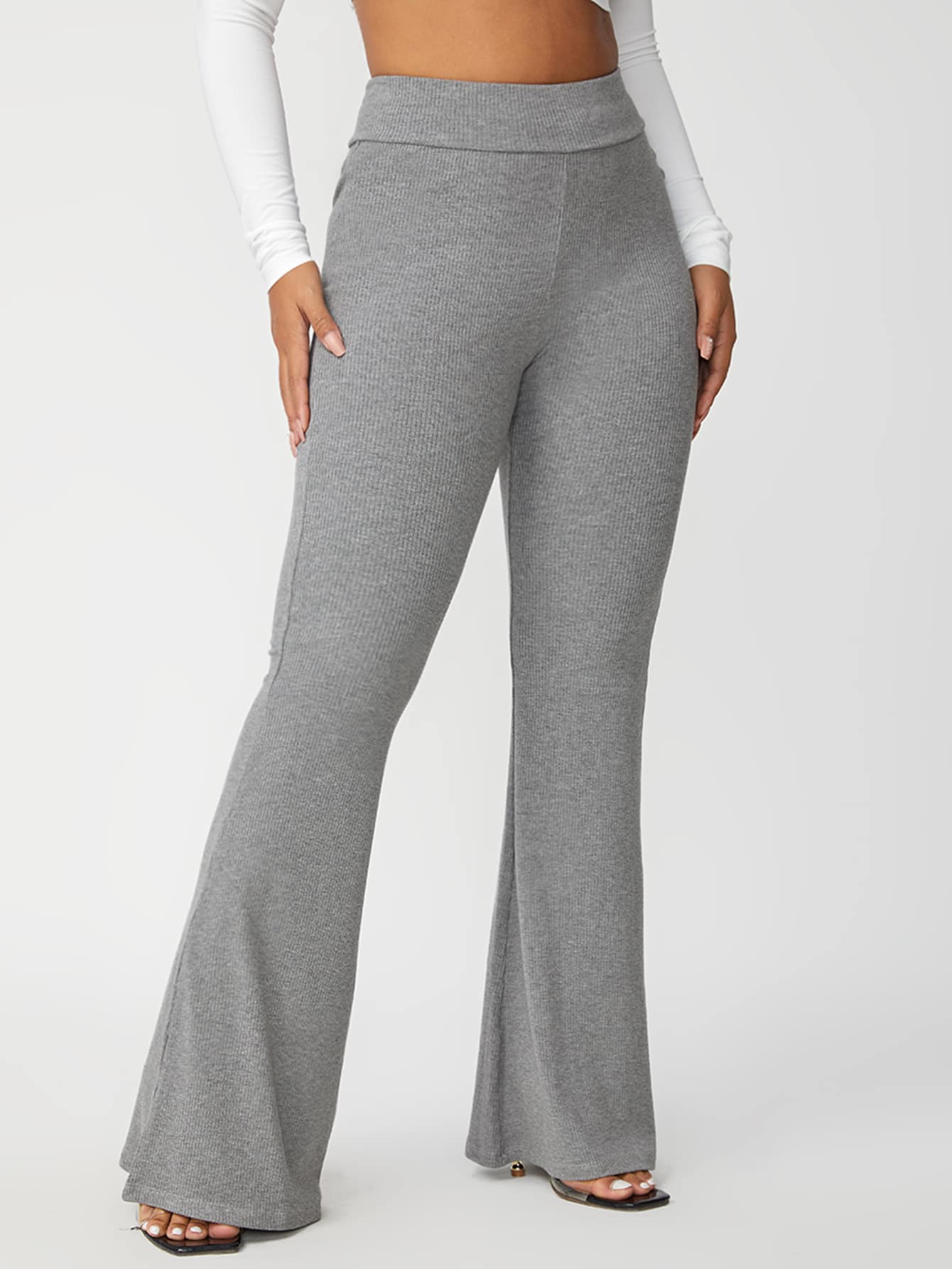 Grey Knitted Ribbed Flare Pant
